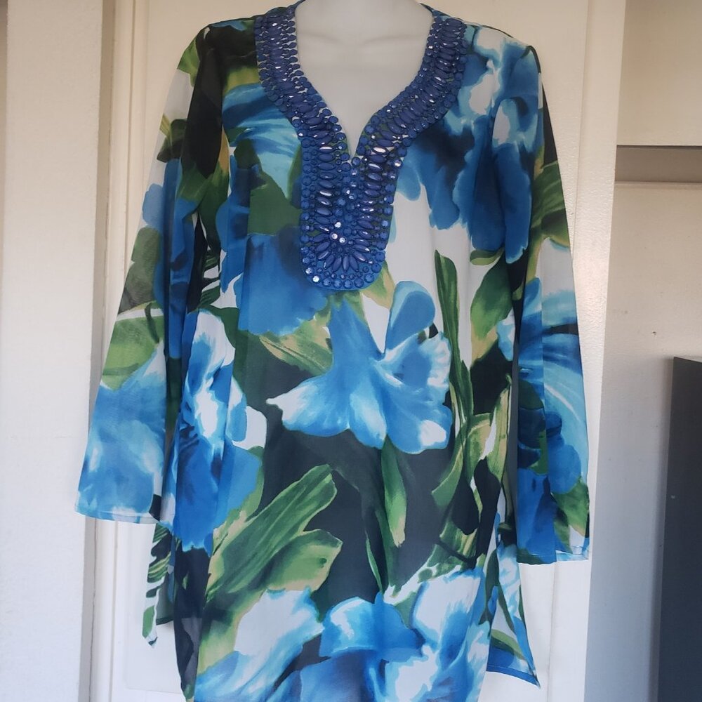 Premise Blue and Green flowered Top with Blue Jewels Size Small